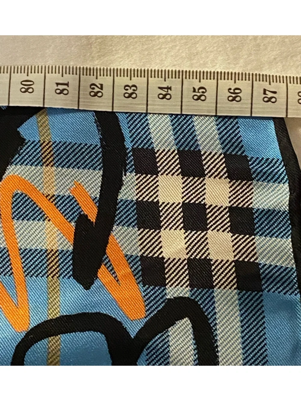 Burberry Blue and Orange Plaid Silk Scarf with Black Accents